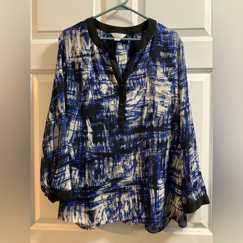 Blue, white, grey, and black blouse